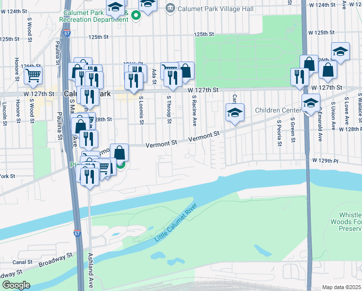 map of restaurants, bars, coffee shops, grocery stores, and more near 1233 Vermont Street in Calumet Park