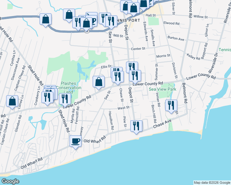 map of restaurants, bars, coffee shops, grocery stores, and more near 99 County Circle in Dennis