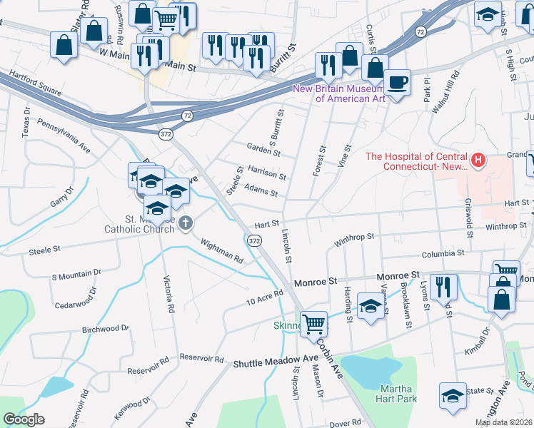 map of restaurants, bars, coffee shops, grocery stores, and more near 22 West End Avenue in New Britain