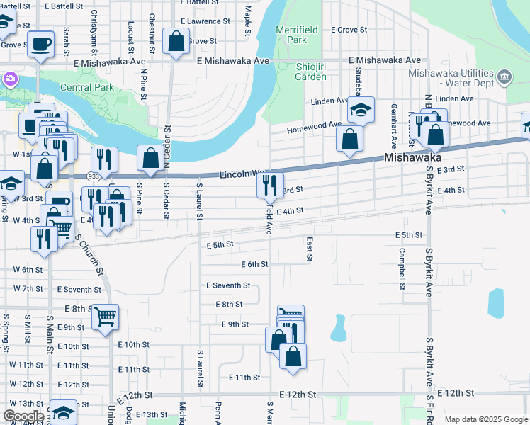 map of restaurants, bars, coffee shops, grocery stores, and more near 858 East 4th Street in Mishawaka