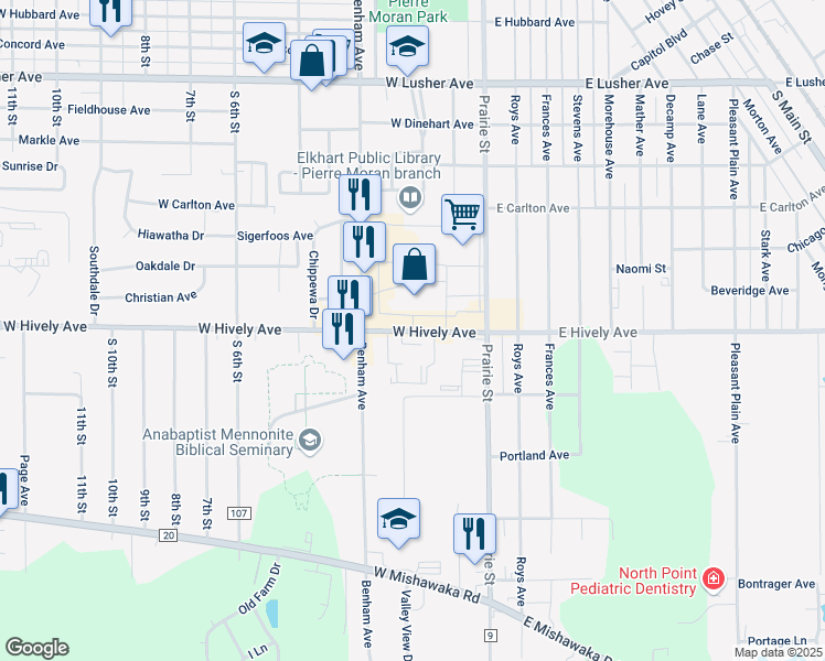 map of restaurants, bars, coffee shops, grocery stores, and more near 130 West Hively Avenue in Elkhart