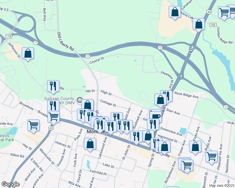 map of restaurants, bars, coffee shops, grocery stores, and more near 72 High Street in Monticello