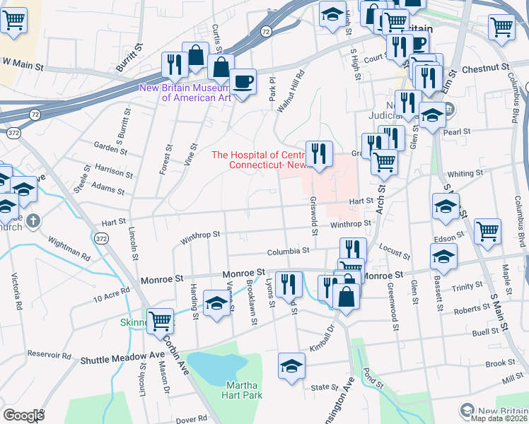 map of restaurants, bars, coffee shops, grocery stores, and more near 180 Hart Street in New Britain