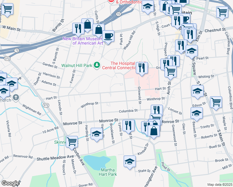 map of restaurants, bars, coffee shops, grocery stores, and more near 180 Hart Street in New Britain