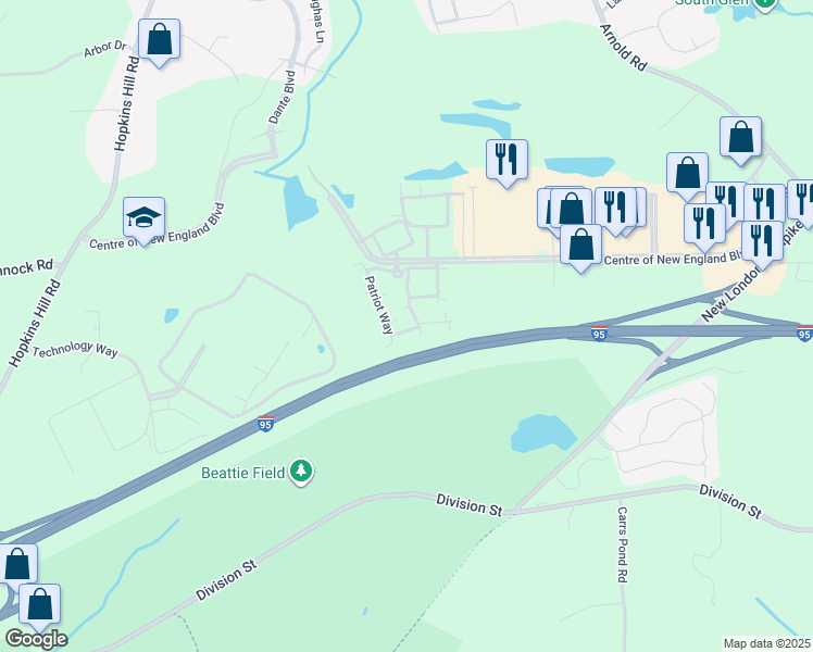 map of restaurants, bars, coffee shops, grocery stores, and more near 13227 Patriot Way in West Greenwich