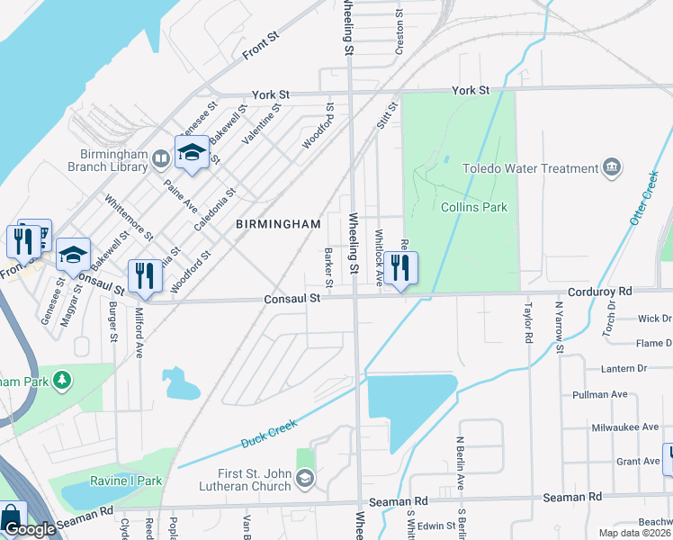 map of restaurants, bars, coffee shops, grocery stores, and more near 432 Barker Street in Toledo
