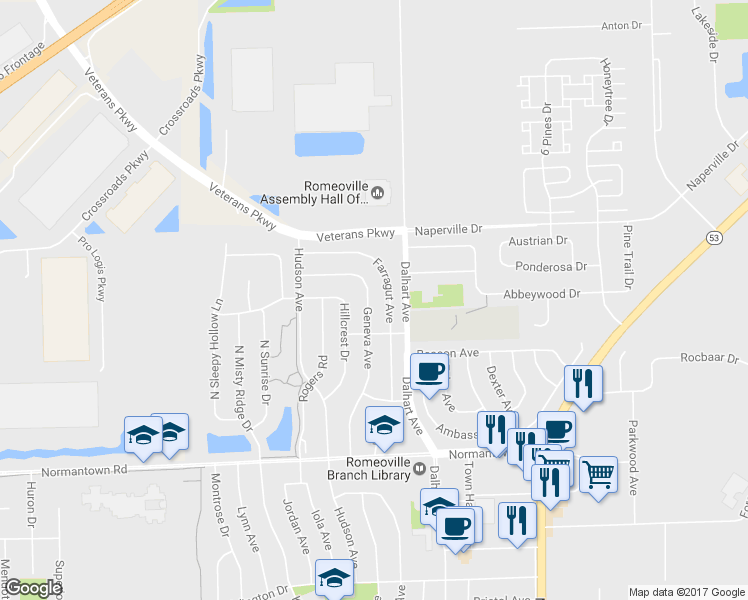 map of restaurants, bars, coffee shops, grocery stores, and more near 755 Geneva Avenue in Romeoville
