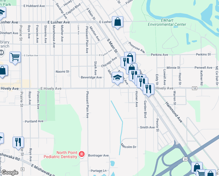map of restaurants, bars, coffee shops, grocery stores, and more near 1100 East Hively Avenue in Elkhart