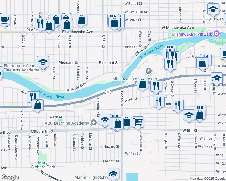 map of restaurants, bars, coffee shops, grocery stores, and more near 1411 Lincolnway West in Mishawaka