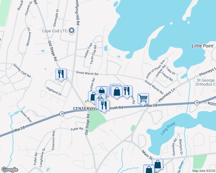 map of restaurants, bars, coffee shops, grocery stores, and more near 65 Crocker Street in Barnstable