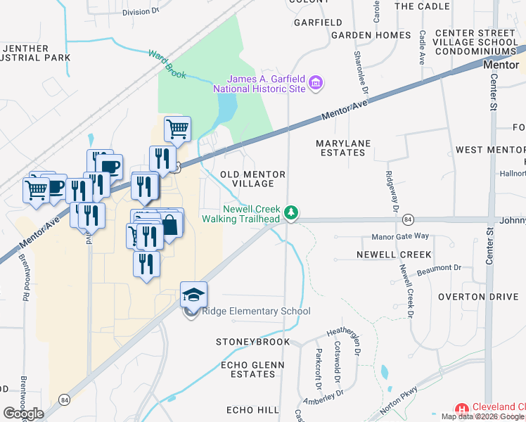 map of restaurants, bars, coffee shops, grocery stores, and more near 8021 Johnnycake Ridge Road in Mentor