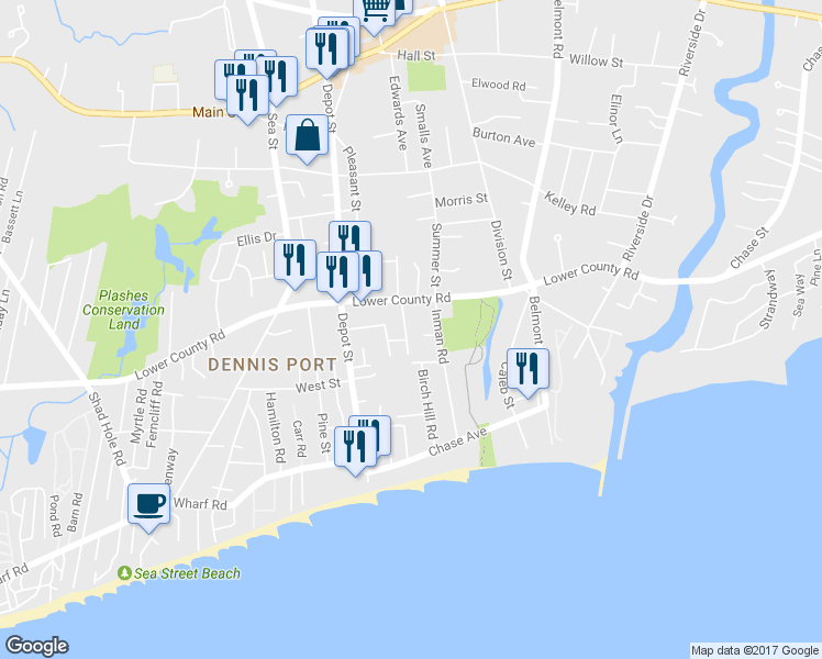 map of restaurants, bars, coffee shops, grocery stores, and more near 10 Gages Lane in Dennis