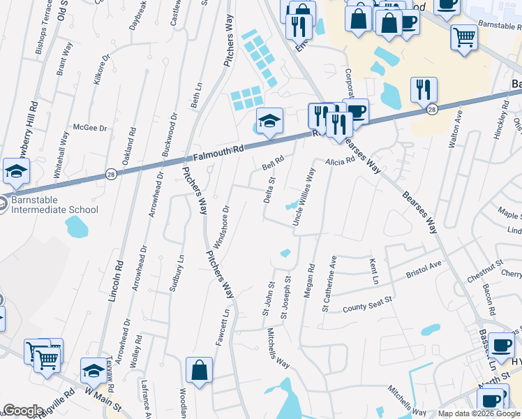 map of restaurants, bars, coffee shops, grocery stores, and more near 77 Delta Street in Barnstable
