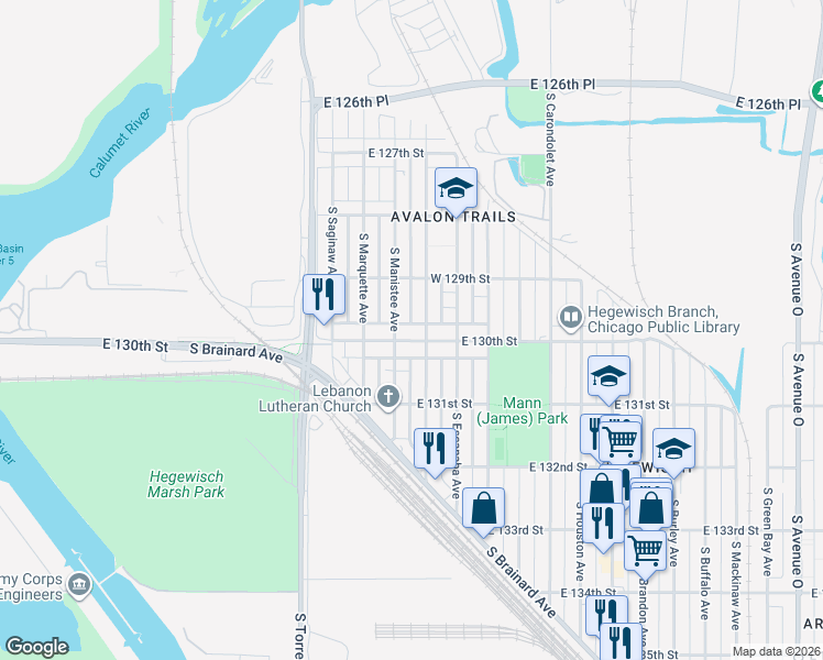 map of restaurants, bars, coffee shops, grocery stores, and more near 2814 East 130th Street in Chicago