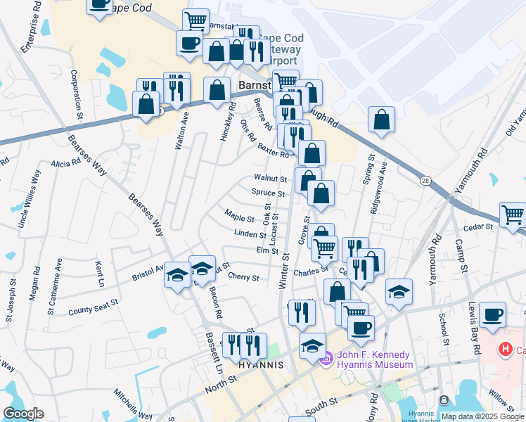 map of restaurants, bars, coffee shops, grocery stores, and more near 55 Mulberry Street in Barnstable