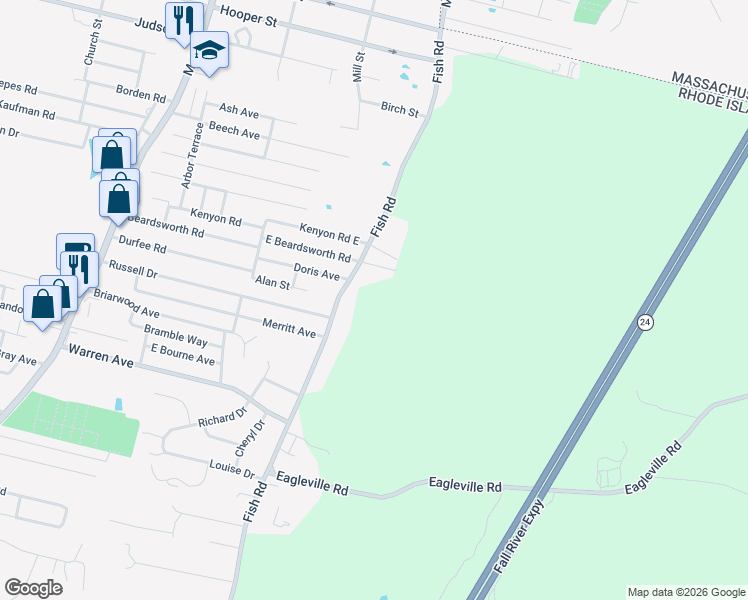 map of restaurants, bars, coffee shops, grocery stores, and more near 326 Fish Road in Tiverton