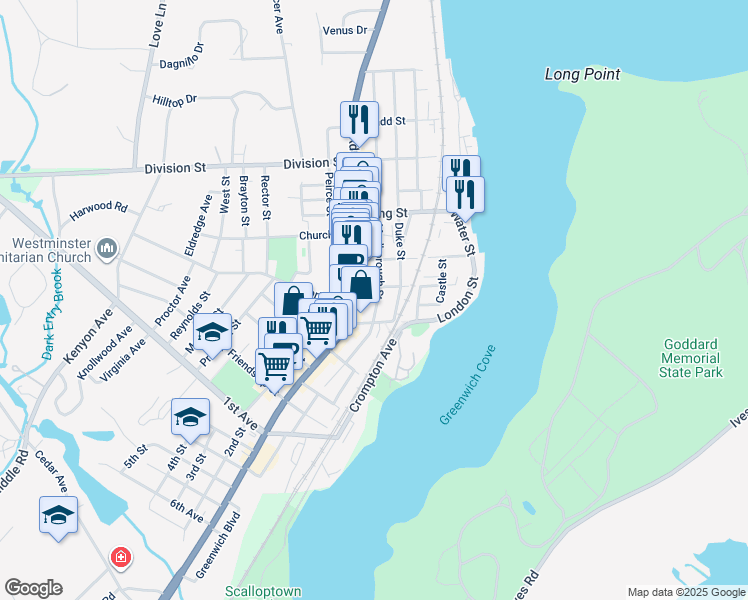 map of restaurants, bars, coffee shops, grocery stores, and more near 310 Main Street in East Greenwich