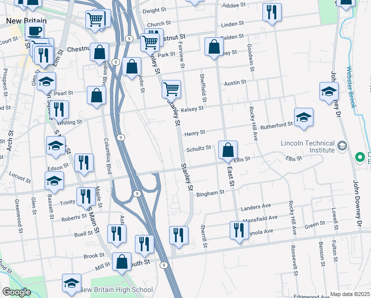 map of restaurants, bars, coffee shops, grocery stores, and more near 415 Stanley Street in New Britain