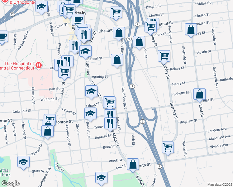 map of restaurants, bars, coffee shops, grocery stores, and more near 435 Columbus Boulevard in New Britain