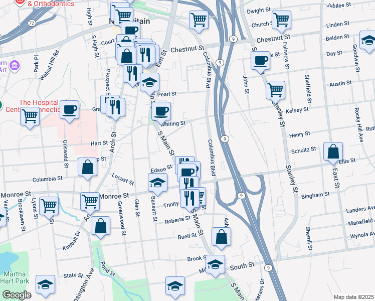 map of restaurants, bars, coffee shops, grocery stores, and more near 181 Maple Street in New Britain