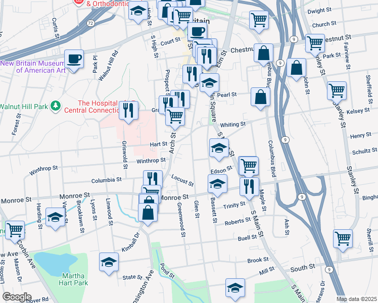map of restaurants, bars, coffee shops, grocery stores, and more near 200 Glen Street in New Britain