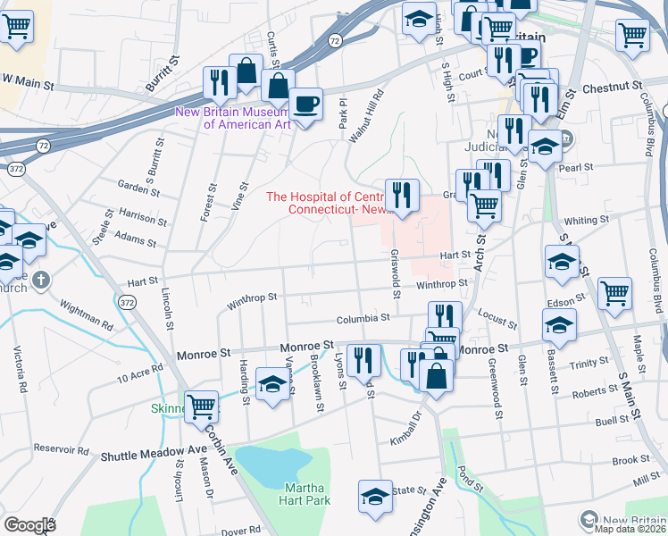 map of restaurants, bars, coffee shops, grocery stores, and more near 180 Hart Street in New Britain