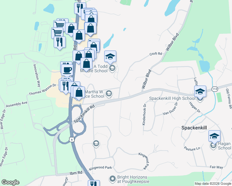 map of restaurants, bars, coffee shops, grocery stores, and more near 5 Croft Road in Poughkeepsie