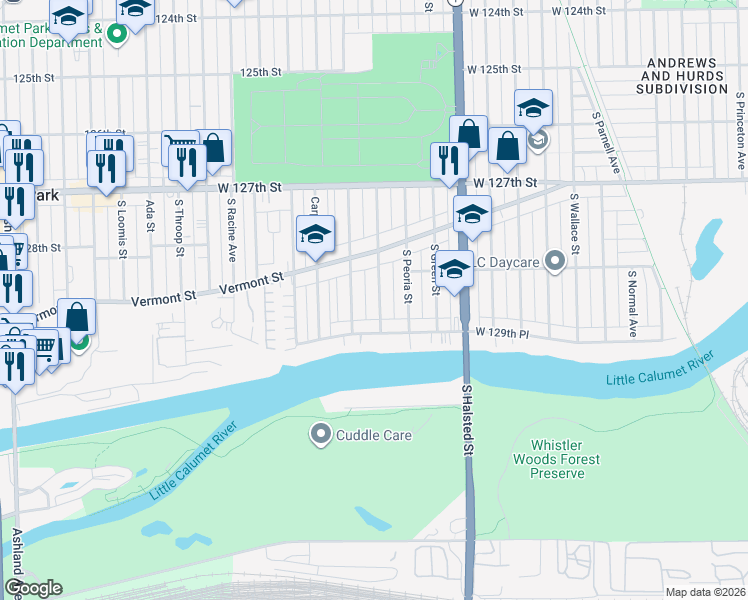 map of restaurants, bars, coffee shops, grocery stores, and more near 12851 South Sangamon Street in Chicago