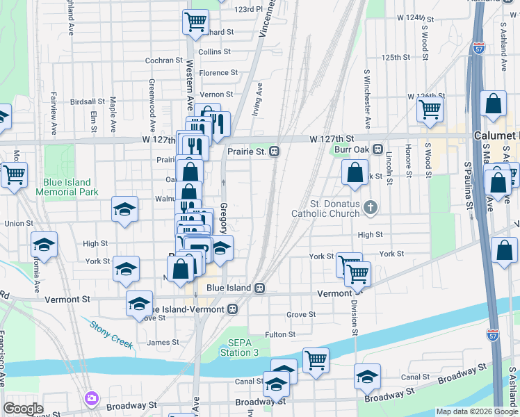 map of restaurants, bars, coffee shops, grocery stores, and more near 12843 Irving Avenue in Blue Island