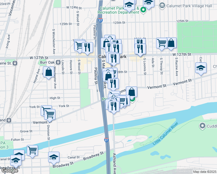 map of restaurants, bars, coffee shops, grocery stores, and more near 12844 South Ashland Avenue in Calumet Park