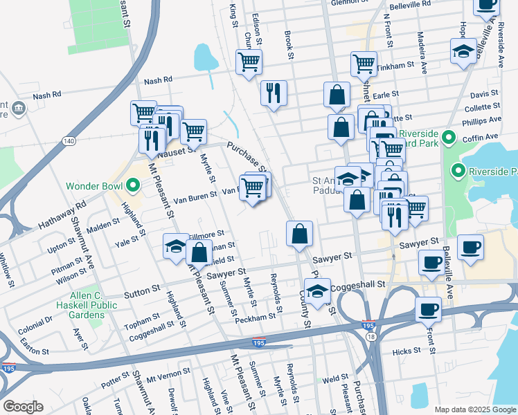 map of restaurants, bars, coffee shops, grocery stores, and more near 2301 Purchase Street in New Bedford