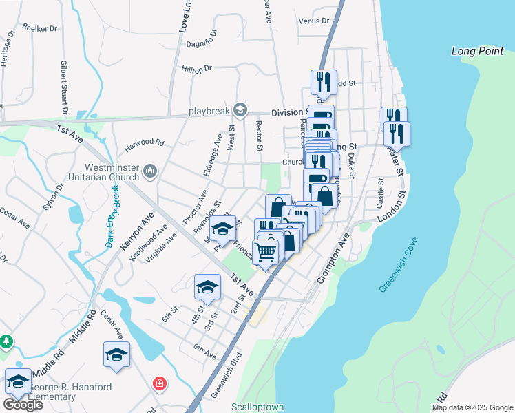 map of restaurants, bars, coffee shops, grocery stores, and more near 62 Somerset Street in East Greenwich