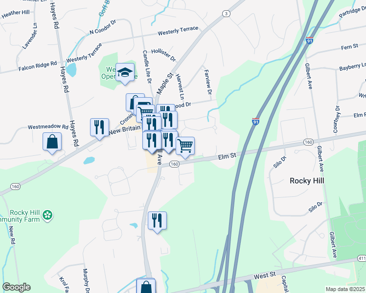 map of restaurants, bars, coffee shops, grocery stores, and more near 41 Little Oak Lane in Rocky Hill
