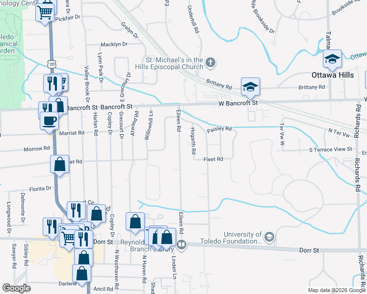map of restaurants, bars, coffee shops, grocery stores, and more near 2030 Eileen Rd in Toledo