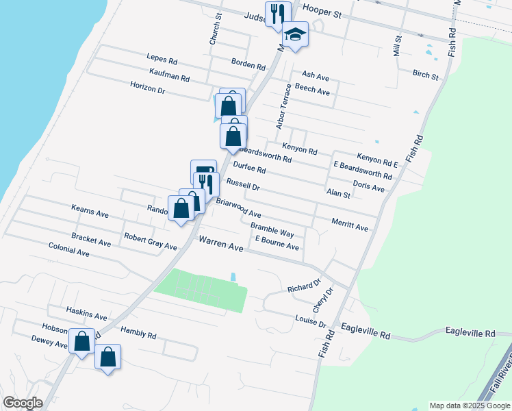 map of restaurants, bars, coffee shops, grocery stores, and more near 25 Merritt Ave in Tiverton