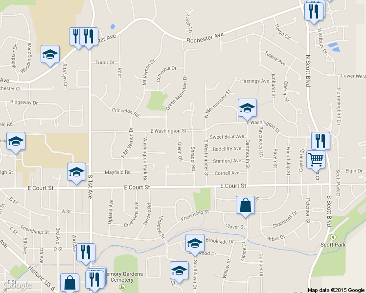 map of restaurants, bars, coffee shops, grocery stores, and more near 134 Glenn Drive in Iowa City