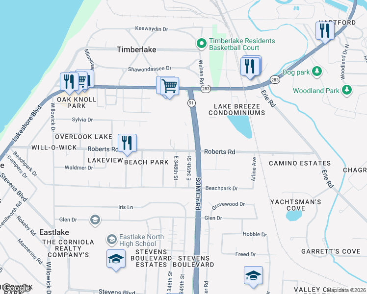 map of restaurants, bars, coffee shops, grocery stores, and more near 34823 Roberts Road in Eastlake