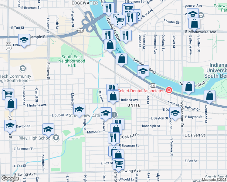 map of restaurants, bars, coffee shops, grocery stores, and more near 1421 Miami Street in South Bend