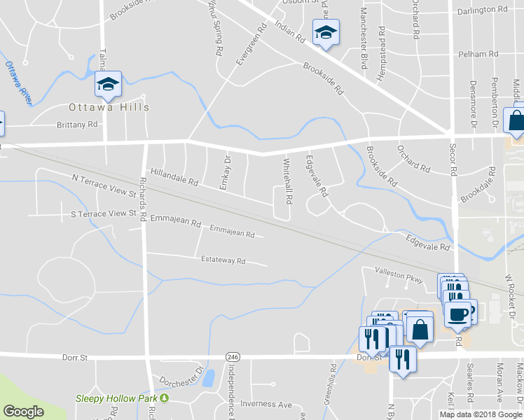 map of restaurants, bars, coffee shops, grocery stores, and more near 3773 Hillandale Road in Toledo