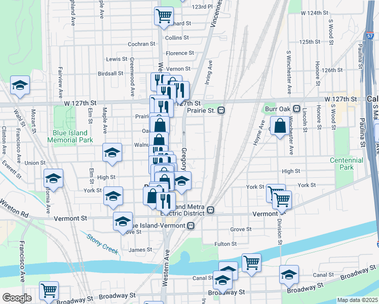 map of restaurants, bars, coffee shops, grocery stores, and more near 12843 Gregory Street in Blue Island