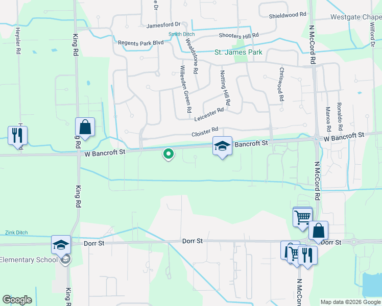 map of restaurants, bars, coffee shops, grocery stores, and more near 2129 Old Mill Road in Toledo