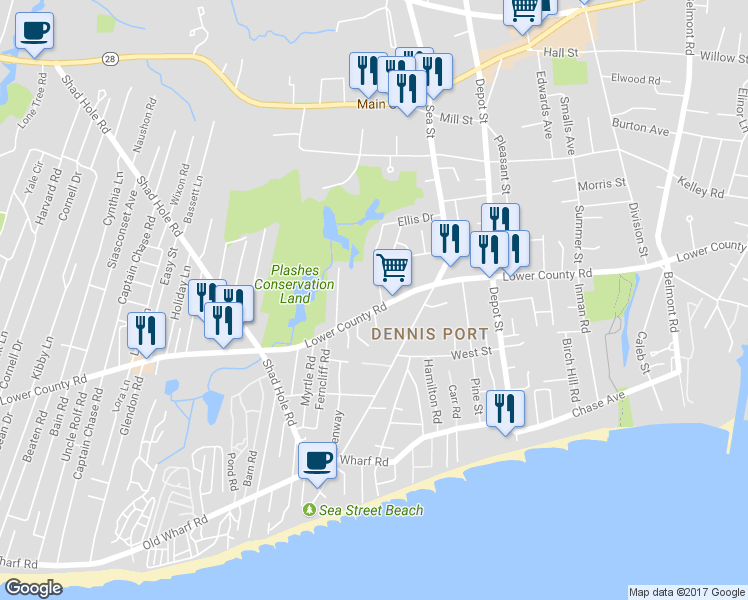 map of restaurants, bars, coffee shops, grocery stores, and more near 330 Lower County Road in Dennis