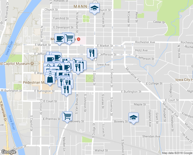 map of restaurants, bars, coffee shops, grocery stores, and more near 112 South Dodge Street in Iowa City