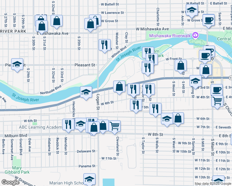 map of restaurants, bars, coffee shops, grocery stores, and more near 201 Cleveland Street in Mishawaka