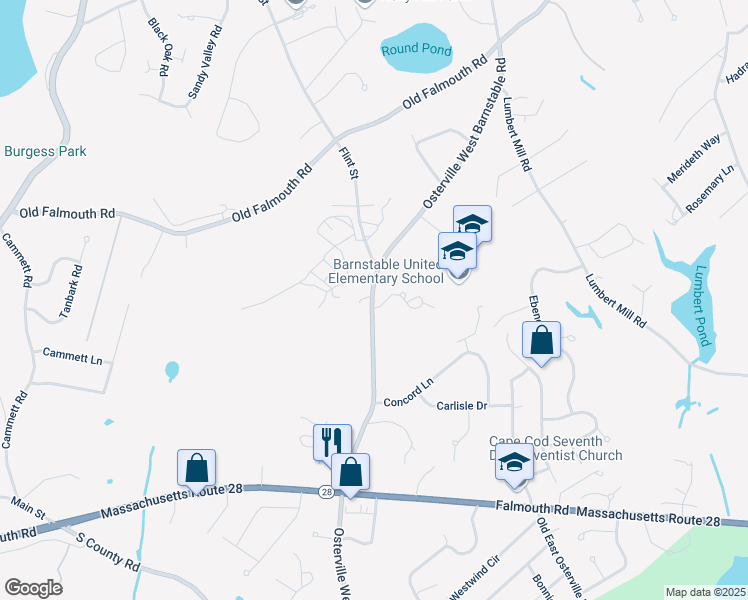 map of restaurants, bars, coffee shops, grocery stores, and more near 646 Osterville West Barnstable Road in Barnstable