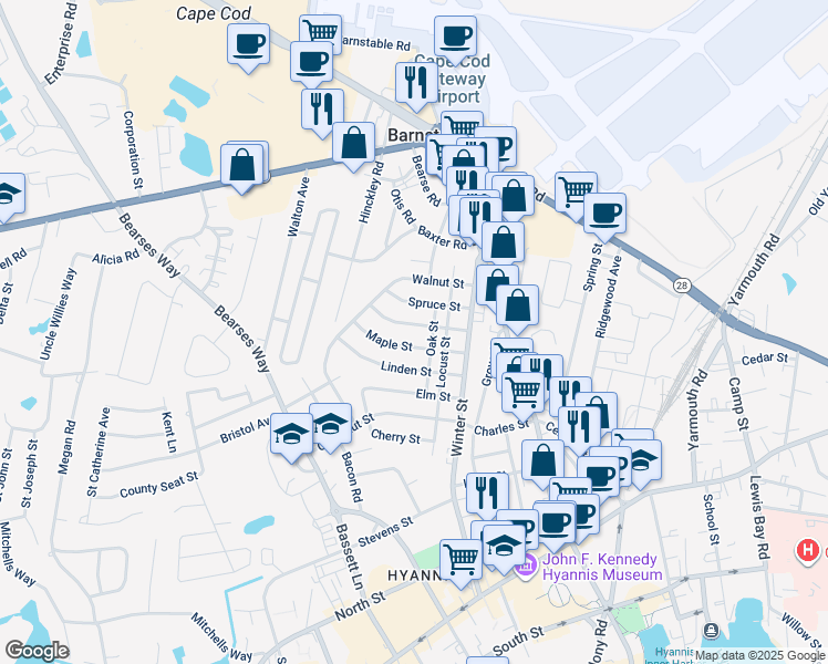 map of restaurants, bars, coffee shops, grocery stores, and more near 55 Mulberry Street in Barnstable