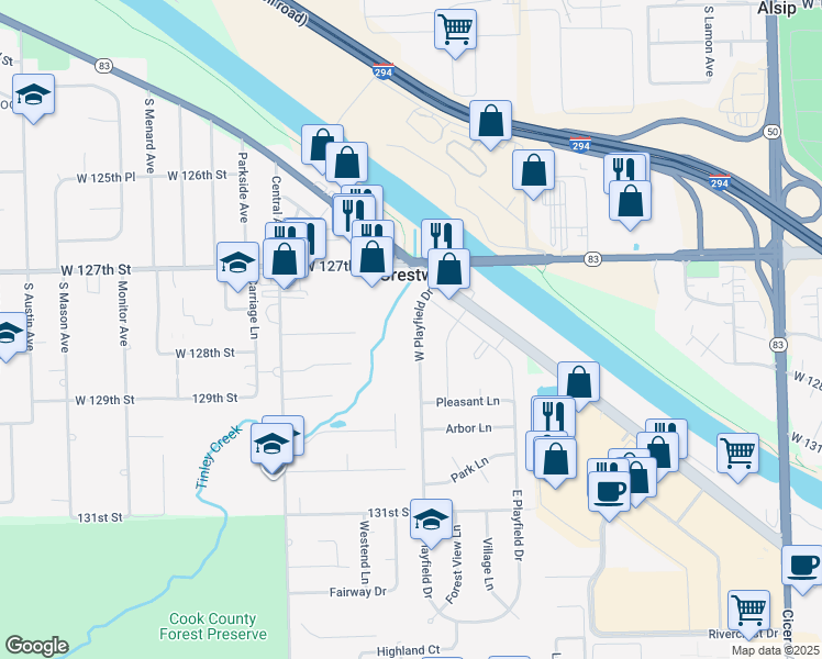 map of restaurants, bars, coffee shops, grocery stores, and more near 12800 W Playfield Dr in Crestwood