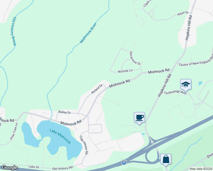 map of restaurants, bars, coffee shops, grocery stores, and more near 117 Mishnock Road in West Greenwich