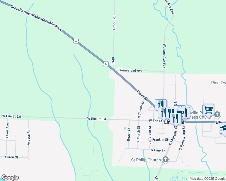 map of restaurants, bars, coffee shops, grocery stores, and more near in Linesville
