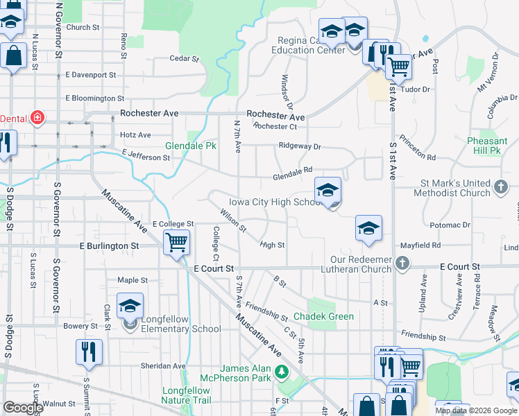 map of restaurants, bars, coffee shops, grocery stores, and more near 107 South Lowell Street in Iowa City
